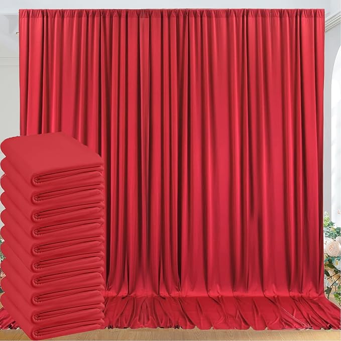 50ft x 10ft Wrinkle Free Red Backdrop Curtains for Parties, 10 Panels 5x10ft Silky Polyester Photo Backdrop Drapes for Christmas Weddings Birthday Party Photography Background Decor