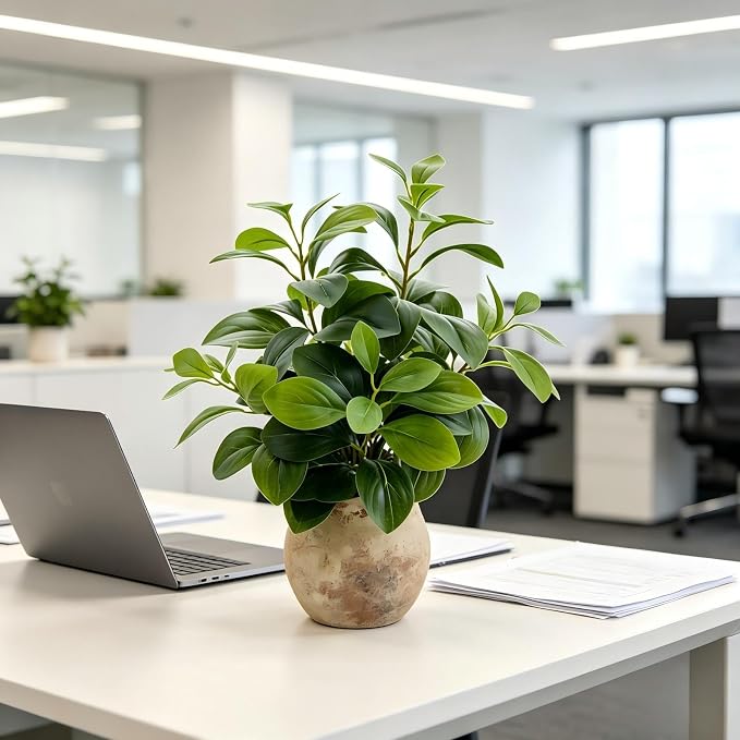 AlphaAcc 17" Artificial Fig Leaf Plant in Vintage Ceramic Pot - Faux Ficus Greenery for Kitchen, Living Room & Rustic Decor
