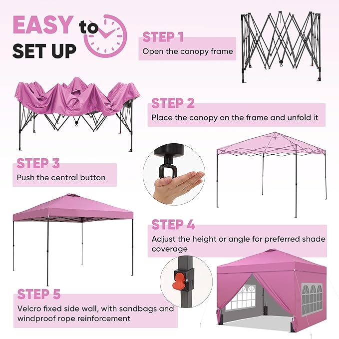 GDY 12x12 Pop Up Canopy Tent with 4 Sidewalls, Easy Set up with One Push Lift Gazebo with Wheel Bag and4 Sandbags,Carpas for Events, Parties,Camping, Pink.