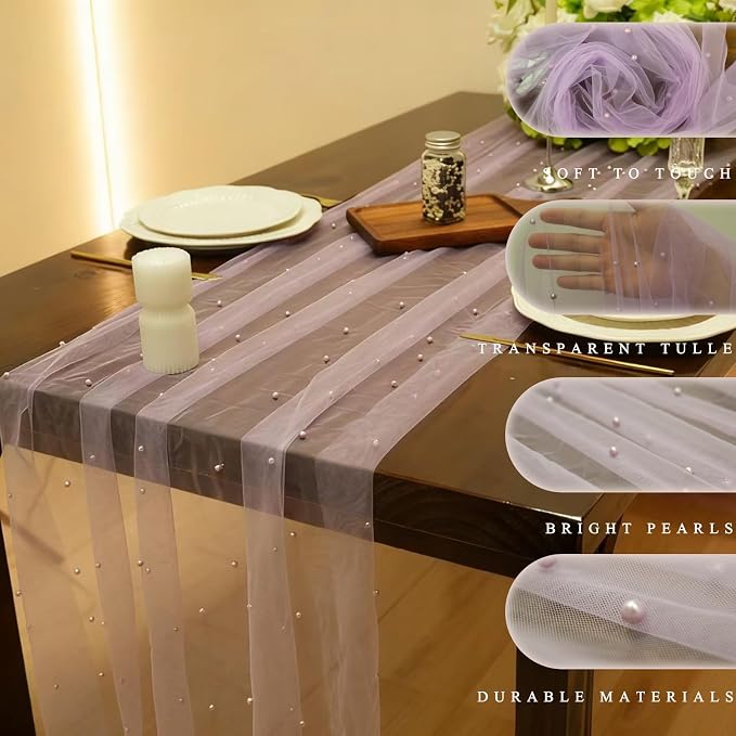 Set of 6 Pearl Table Runner 10ft, 29 * 120 Inch Purple Table Cloth Sheer Tulle Table Cover,Pearl Table Runner for Wedding Party Baby Shower Birthday Home Decor