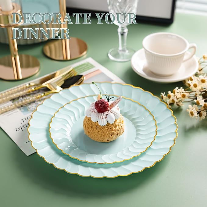 Lullaby 60PCS Sage Green Scalloped Plastic Plates with Gold Rim, Includes 30PCS Dinner Plate 10.25'' and 30 PCS Dessert Plate 7.5'', Green Disposable Plates for Party, Birthdays, Wedding and Daily Use
