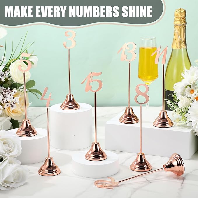 Maitys 15 Pcs Metal Table Numbers 1-15 with Weighted Base 8 Inch Table Number Stands for Wedding Reception, Party, Anniversary, Birthday Banquet(Rose Gold)