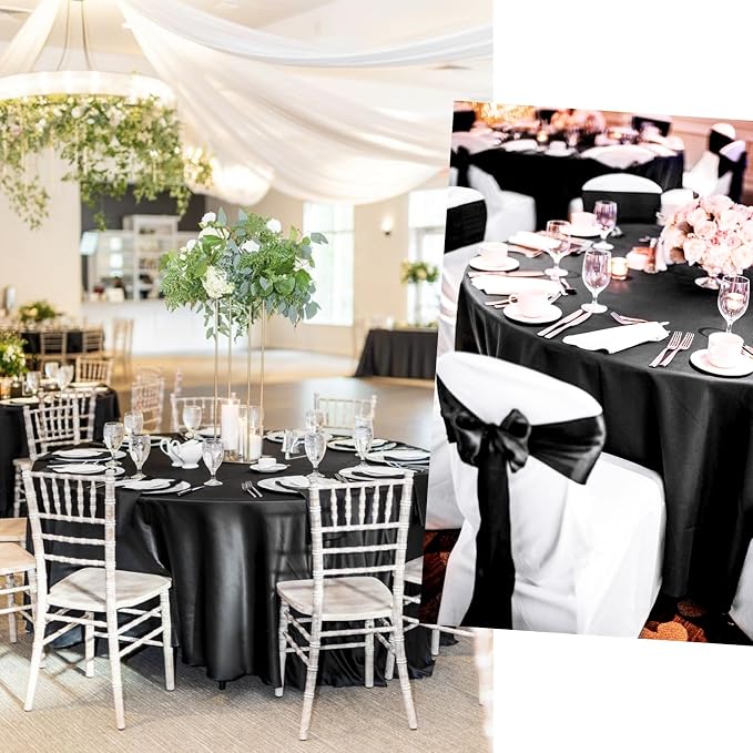 12 Pack 90 Inch Round Tablecloth, Black Satin Fabric Table Cloth for Round Tables, Wrinkle Resistant Washable Table Cover Bright Silk Tables Clothes for Wedding Party Dining Banquet