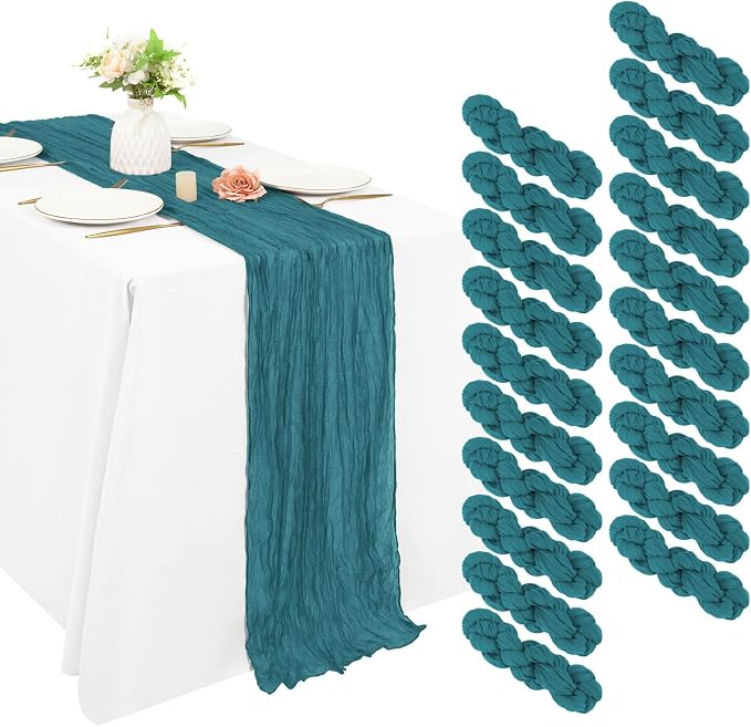 20 Pack Cheesecloth Table Runner 17 x 108 inch Long Boho Gauze Table Runners Semi Sheer Table Runner for Wedding Decor, Baby Shower, Birthday Party, Banquet (Teal)