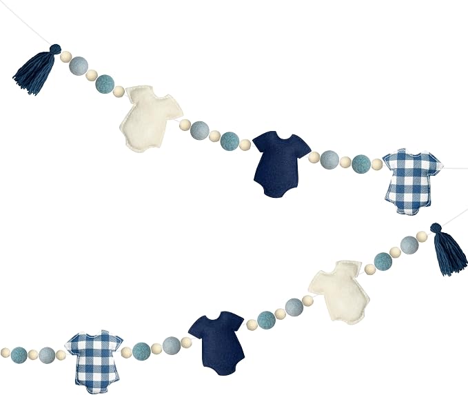 Dusty Blue Plaid Baby Clothes Decorations Pre-Strung Handmade Felt Baby Clothes Wooden Bead Wool Felt Ball Banner Garland for Sweet Baby Boy It's a Boy Baby Shower Party Nursery Fireplace Home Decor