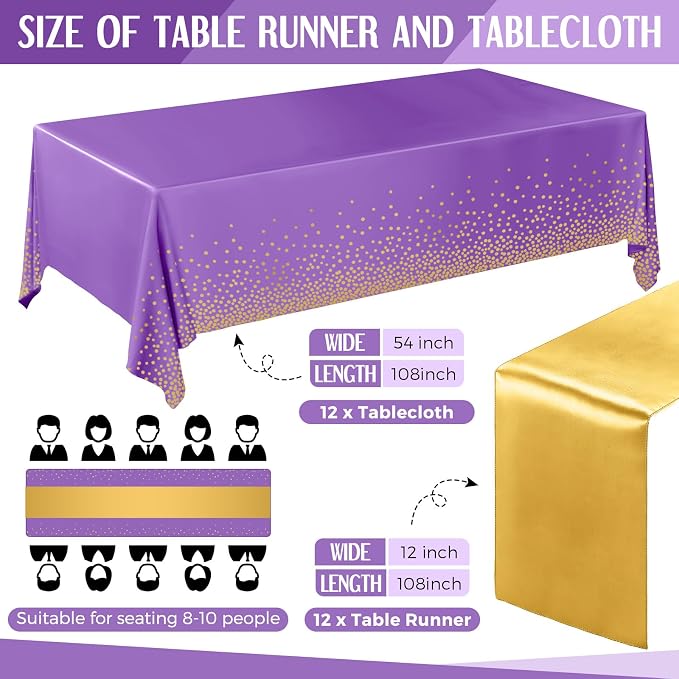 Breling 24 Pack Purple and Gold Disposable Plastic Tablecloths and Satin Table Runner Set, 54 x 108 Inch Tablecloth, 12 x 108 Inch Table Runners for Wedding Graduation Birthday Baby Shower