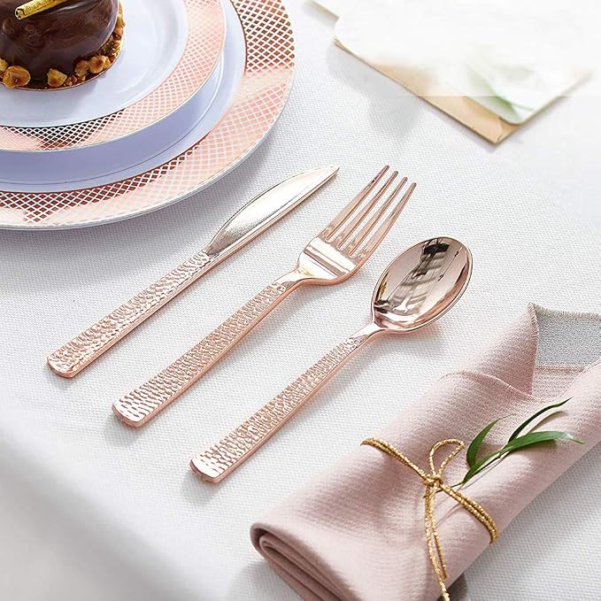 Supernal 360pcs Rose Gold Plastic Silverware, Heavy Duty Disposable Cutlery | Hammered Flatware Cutlery (120 Forks, 120 Knives, 120 Spoons) Bulk Pack for Weddings, Birthdays, and Holiday Theme Parties