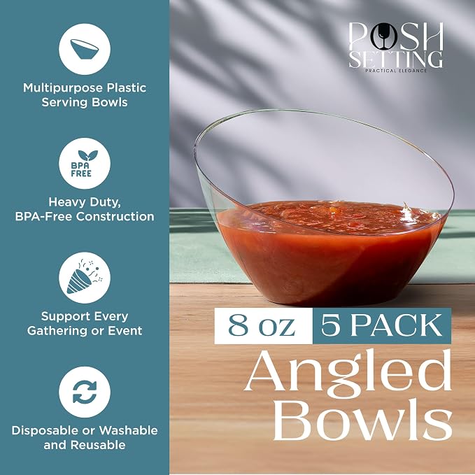 Posh Setting - Clear Plastic Serving Bowls for Party Angled Bowls Disposable Chip Bowls Candy Bowls for Party Table Salad and Fruit Bowls for Buffets Wedding Serving Bowls-Clear, 8 OZ, 5 Pack