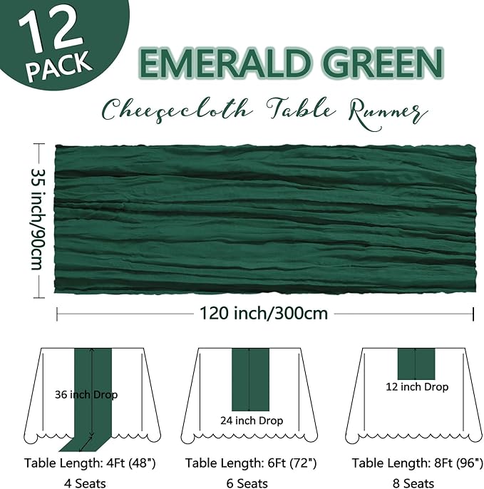12 Pack Emerald Green Cheesecloth Table Runner 10Ft Gauze Cheese Cloth Table Runner 35x120 Inch Boho Sheer Rustic Fabric for Party Decor Baby Shower Wedding Home Holiday Decorations