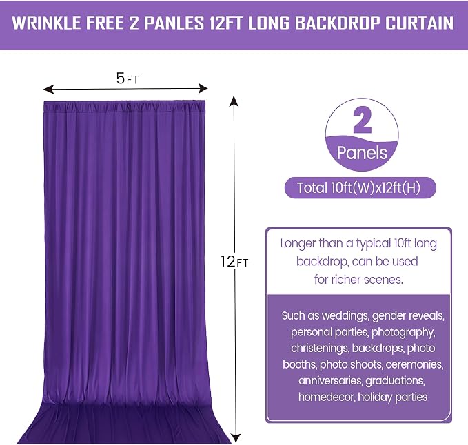 10ftx12ft Purple Backdrop Curtains for Wedding-Wrinkle Free Backdrops Curtain Drapes Fabric Decorations Photo Back Drop Cloth for Baby Shower Photography Stage Reception 2Panels 12ft(H) x 5ft(W)