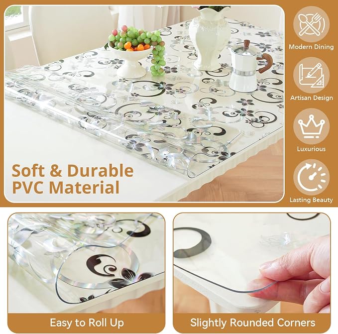 LovePads Floral Clear Table Cover Protector - 36 x 72 Inch Thick Plastic Table Cloth, Waterproof PVC Desk Mat for Dining Room Table, Wood Furniture Topper, Anti-Scratch Desk Pad for Kids Writing,