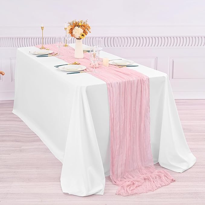 10 Pcs Light Pink Cheesecloth Table Runner 10FT, Gauze Table Runner for Wedding Reception Sheer Bridal Shower Birthday Party Boho Table Decoration, Rustic Romantic Wedding Runner
