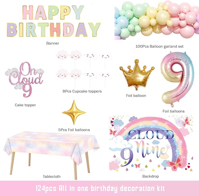 on Cloud 9 Birthday Decorations for Girl – 124 PCs Cloud Themed Nine Birthday Party Supplies with Backdrop, Balloon Garland, Banner, Tablecloth, Cake Topper, Cupcake Topper