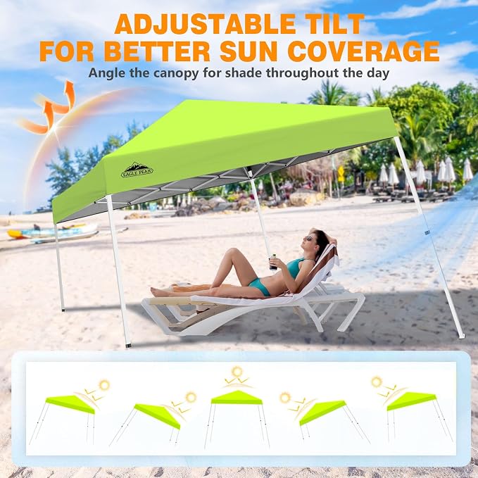 EAGLE PEAK 10x10 Slant Leg Pop-up Canopy Tent Easy One Person Setup Instant Outdoor Beach Canopy Folding Portable Sports Shelter 10x10 Base 8x8 Top (Neon Green)