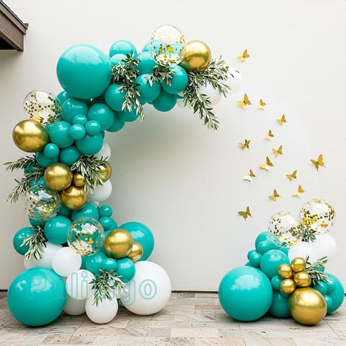 Teal Balloon Garland Kit with Gold Butterflies – Turquoise, Blue and Green, White & Gold Balloons in 18", 12", 5" Sizes – for Graduation, Baby Shower, Wedding, Birthday, Party Decor