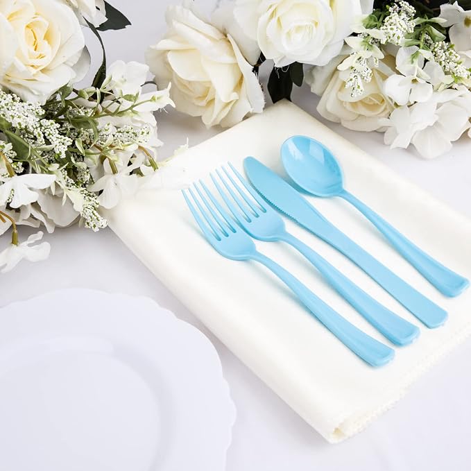 WDF 160 Piece Blue Plastic Silverware - Heavy Duty Blue Silverware Includes 80 Forks, 40 Spoons, 40 Knives, Disposable Plastic Utensils Perfect for Wedding/Birthday/Party