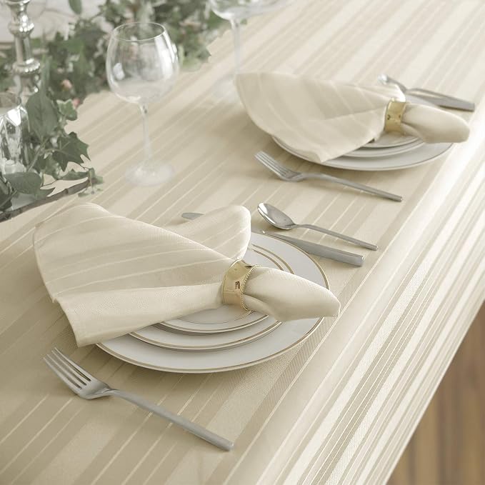 Newbridge 70 Inch Round Ivory Fabric Tablecloth, Denley Satin Stripe, Heavy Weight No Iron Polyester Holiday Dining & Party Table Cover