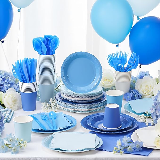 Zhehao 350 Pcs Blue Party Supplies Set Blue Disposable Tableware Kit with Plates, Cups, Napkins, Cutlery Ocean Sea for Shark Pool Baby Shower, Birthday, Wedding Events