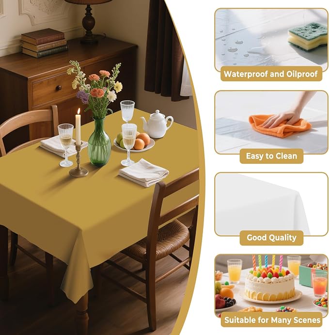 54IN X 160FT Plastic Table Cover Roll with Cutter Box, Cut to Size Plastic Table Cloths for Parties, Birthday, Disposable Tablecloth Roll for All Shape Tables (Gold, 54 Inch X 160 Feet)