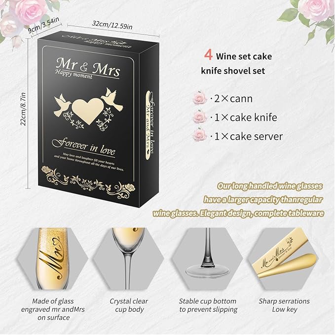 Mr and Mrs Champagne Flutes, Wedding Cake Knife and Server Set, Bride and Groom Champagne Glasses, Cake Cutting Set for Wedding, Bridal Shower Gifts, Engagement Gifts for Couples (Gold, Set of 4)