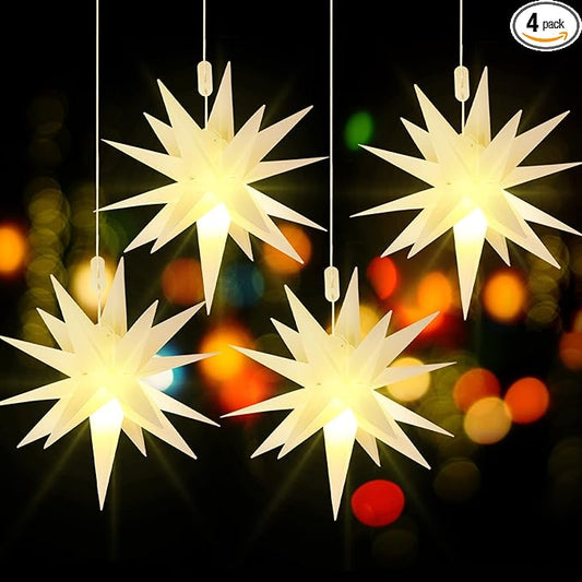 Kingdder 4 Pieces Moravian Star Light LED 3D Star Hanging Light Powered by Battery with Timer Function White Porch Lantern Holiday Decor for Indoor Outdoor Christmas Tree Balcony Courtyard (12 Inch)