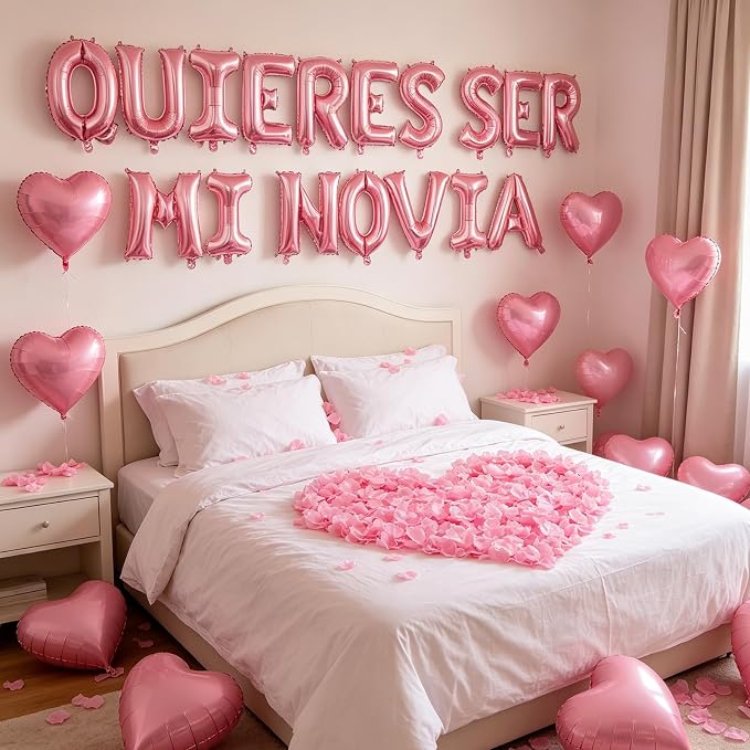 2 Set Pink QUIERES SER MI NOVIA Balloons - 1200pcs Pink Artificial Rose Petals 34pcs 16" Letter Balloons 10pcs 18" Heart Balloon Alphabet Foil Mylar Balloon for Valentines Day Decorations