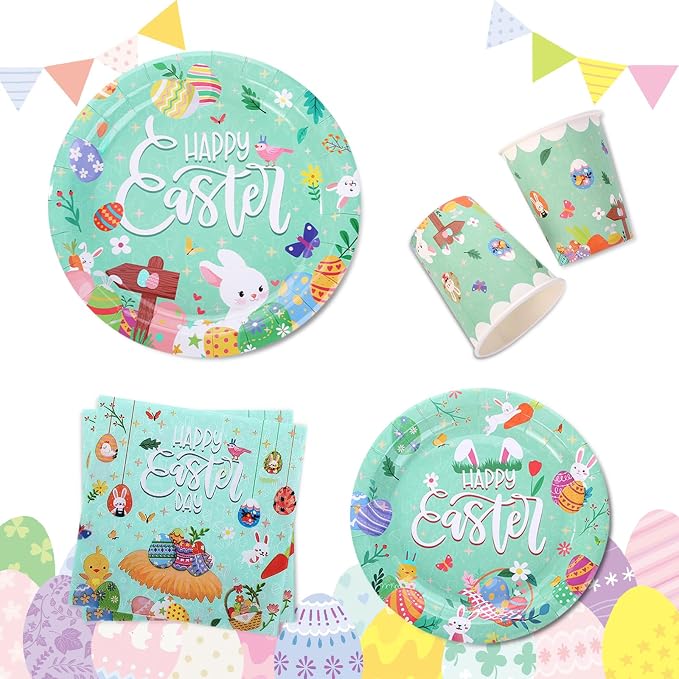 192 Pcs Easter Plates and Napkins Set Party Decorations Birthday Decorations Paper Plates Napkins Cups Forks Tablecloth Banner Bow Tableware Serve 24