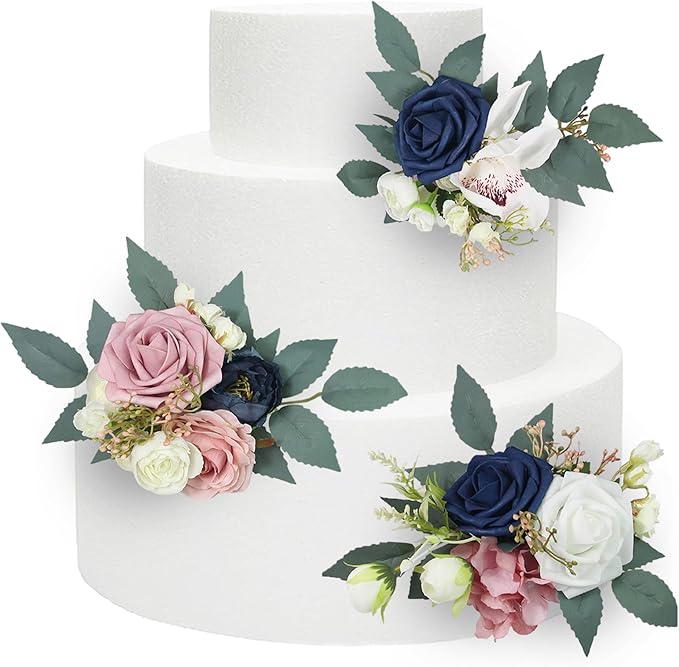 Rinlong 3Pcs Pre-made Cake Flowers Navy Blue Pink Cake Decorations Wedding Cake Decorating Flowers Decor Birthday Baptism Party Artificial Flowers Cake Toppers