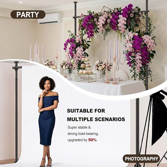 JILRON Backdrop Stand Heavy Duty Spring-Loaded Adjustable Photo Backdrop Stand, Sturdy Thickened Support, Adjustable Width 35-100" Height 43-120", Easy Setup for Photography, Parties- Black