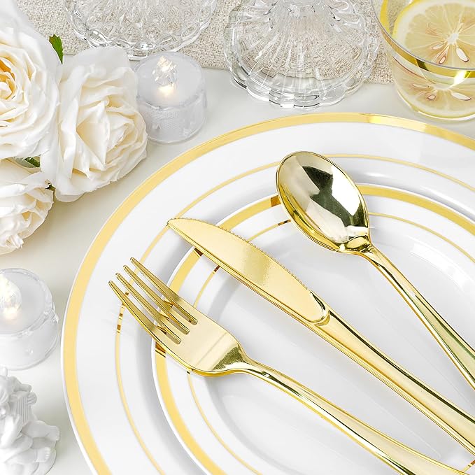 175 PCS White and Gold Plastic Dinnerware Set for 25 Guests, 50 Disposable Plates for Party, 25 Pre Rolled Napkins with Gold Silverware, 25 Cups