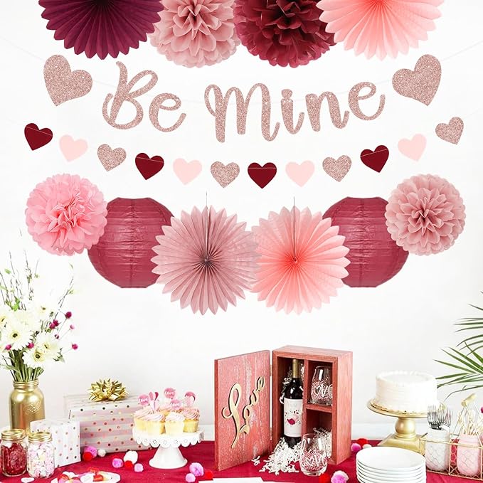 Pink Burgundy-Red Valentines-Day Galentines Party-Decorations - 22pcs Be Mine Love Banner,Wine Red Paper Lanterns Honeycomb Balls,Tissue Pom Poms Flowers Fans,Happy Anniversary Decor Hugmoon