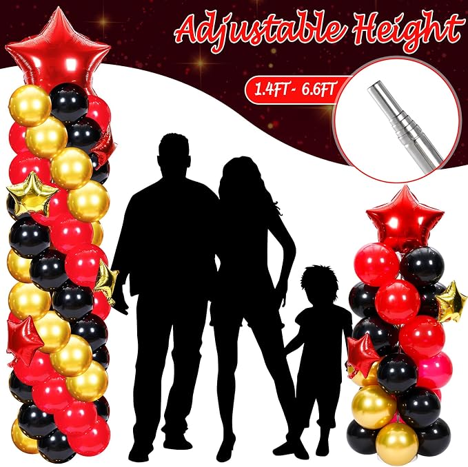 Gejoy 110 Pcs Red Gold Black Balloons Column Stand Kit Adjustable Tower Stand from 1.4 to 6.6 ft with Bases for Back to School Wedding Birthday Baby Shower Party