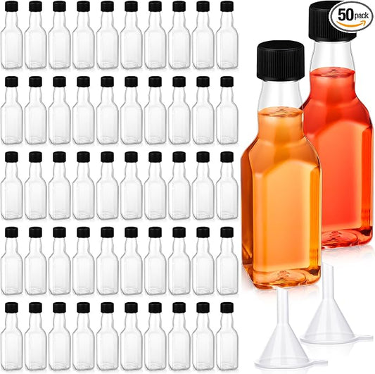 Havawish 50 Pack 1.7 oz Square Mini Liquor Bottles with Funnels and Black Plastic Caps Reusable Airtight Empty Plastic Alcohol Shot Bottles for Birthday Wedding Baby Shower Party Favors