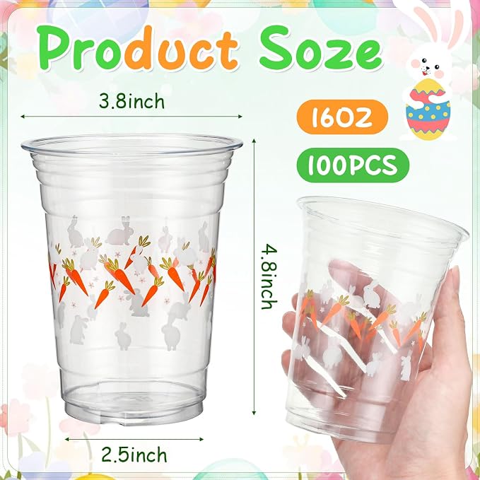 100 Pcs Plastic Cups 16 oz Disposable Carrot Bunny Party Cups Bulk Clear Cute Drinkware for Summer Party Supplies Spring Picnic Cold Drinks Snack