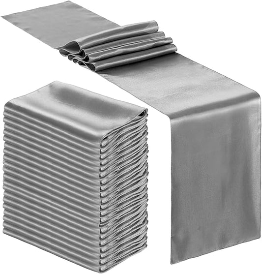 Bencailor 24 Pcs Dark Gray Satin Table Runner Bulk 12 x 108 Inches Long Table Runners Bright Smooth Fabric Tablecloth for Wedding Banquet Birthday Spring Graduation Party Decorations