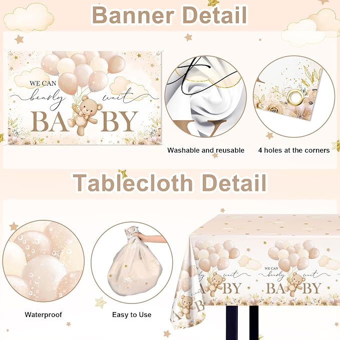 270 Pcs We Can Bearly Wait Baby Shower Decorations: Bear Baby Shower Banner Balloons Disposable Bear Themed Plates and Napkins Cups Tablecloth, Serve 24