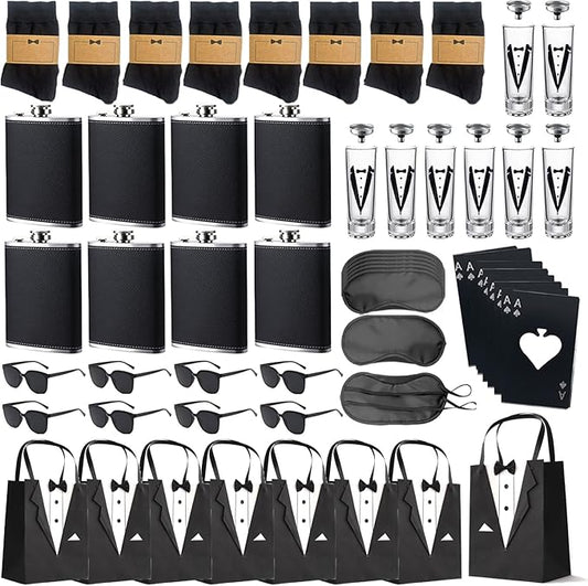 64Pcs Groomsmen Gifts Set of 8 for Wedding Day, Groomsmen Proposal Gift - Tuxedo Bags&Steel Hip Flasks | Sunglasses | Socks | Glass Cups | Bottle Opener, Elegant Man Box Can Creating Lasting Memories