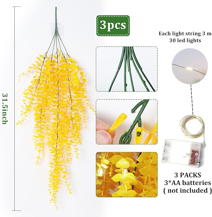 RECUTMS 3Pcs Fake Hanging Plants Outdoor Artificial Grass Vines with Lights | Draping Eucalyptus Greenery Faux Yellow Monkey Plants for Indoor Home Room Wall Garden Proch Wedding Backyard Arch Decoration