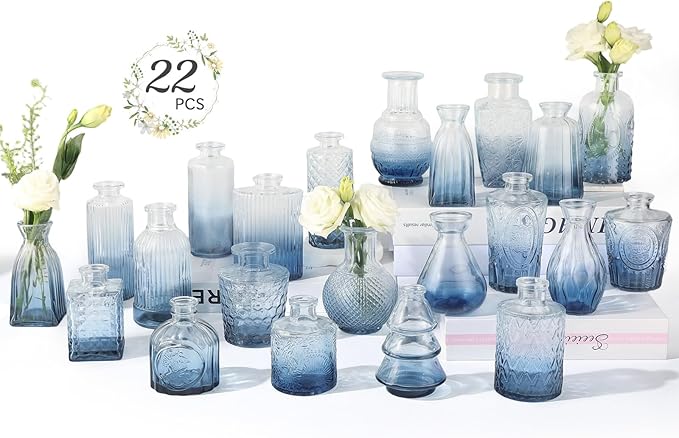 RUCKAE Glass Bud Vases Mini Flower Vase Small Vintage Vases for Centerpiece Table Wedding Decorations Home Decor Party(Gradient Blue 22 Pack)
