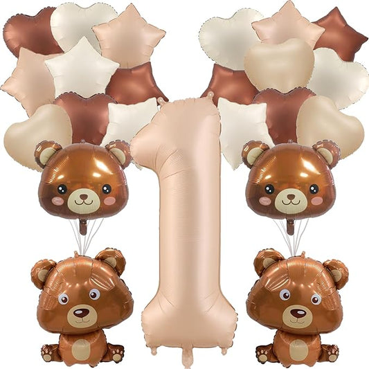 23 Pcs Bear Balloons, 1st Number Balloons 40 inch Teddy Bear Balloons Baby Shower Decorations Birthday Balloons Foil Animal Balloons for We Can Bearly Waits Theme Birthday Party Decor (Caramel - 1st)