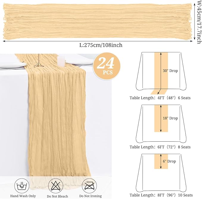 24 Pack Beige Cheesecloth Table Runner,9FT Gauze Boho Long Cheese Cloth Table Runner 17x108 inch Rustic Table Runners for Wedding Party Bridal Shower Banquet Table Decorations