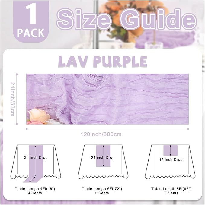 Lav Purple Valentine's Day Cheesecloth Table Runner 21x120 Inch Gauze Table Runners Reusable Polyester 10ft Boho Rustic Cheese Cloth Table Runner for Wedding Party Baby Shower Birthday