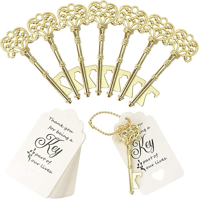 100 PCS Key Bottle Openers,Vintage Skeleton Key Bottle Opener,Wedding Favors Bottle Opener with Tag Cards and Key Chains(Gold)