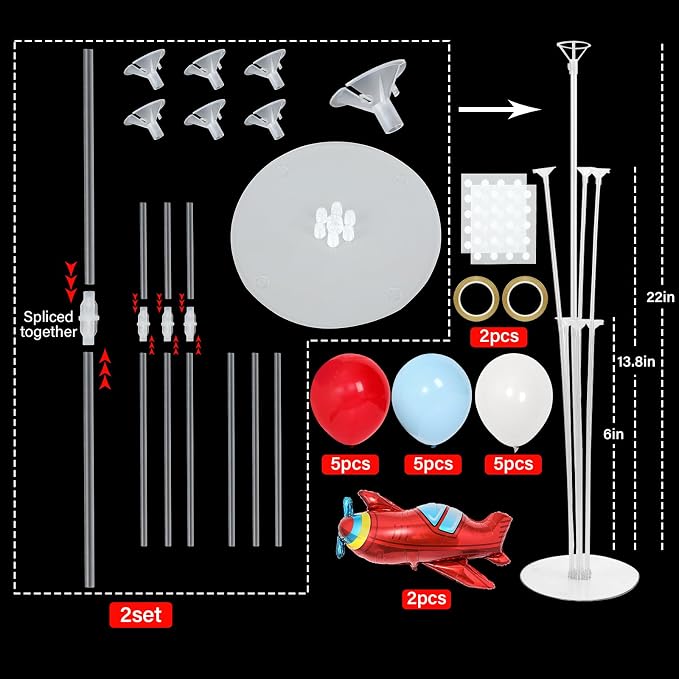 Airplane Birthday Party Balloons Stand Kit 2 Sets with 2 Plane Helicopter Foil Balloons Red Blue White Balloon Centerpiece for Tables for Adventure Time Flies Birthday Baby Shower Party Decoration