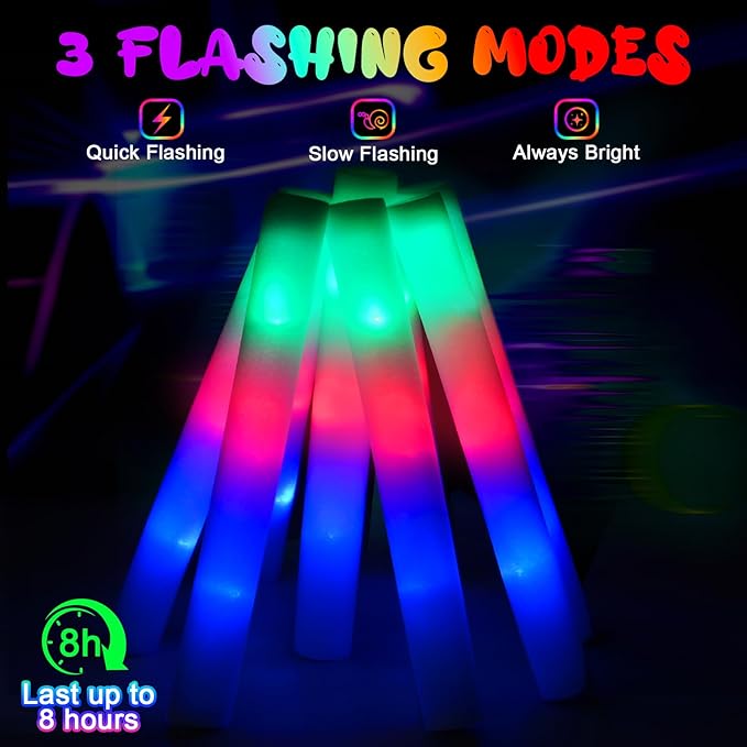 HONLYNE 46 PCS Foam Glow Sticks with 3 Modes Colorful Flashing, Foam Light Up Sticks, LED Light Sticks, Glow Sticks Party Pack for Halloween, New Year, Wedding, Raves, Concert, Christmas