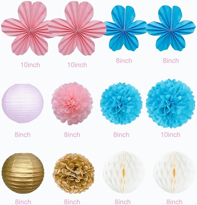 Birthday Party Decorations Kit Blue Pink & Gold, Happy Birthday Banner Garland Paper Pompoms, Flower Fans, Honeycom Ball , Lantern, Hanging Swirls, 20pcs