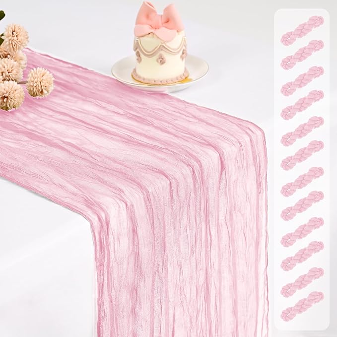 12 Pack Light Pink Cheesecloth Table Runner, Long Romantic Semi Sheer Rustic Boho Gauze Table Runners for Wedding Bridal Shower Birthday Party Decorations(17.7×108 Inch)