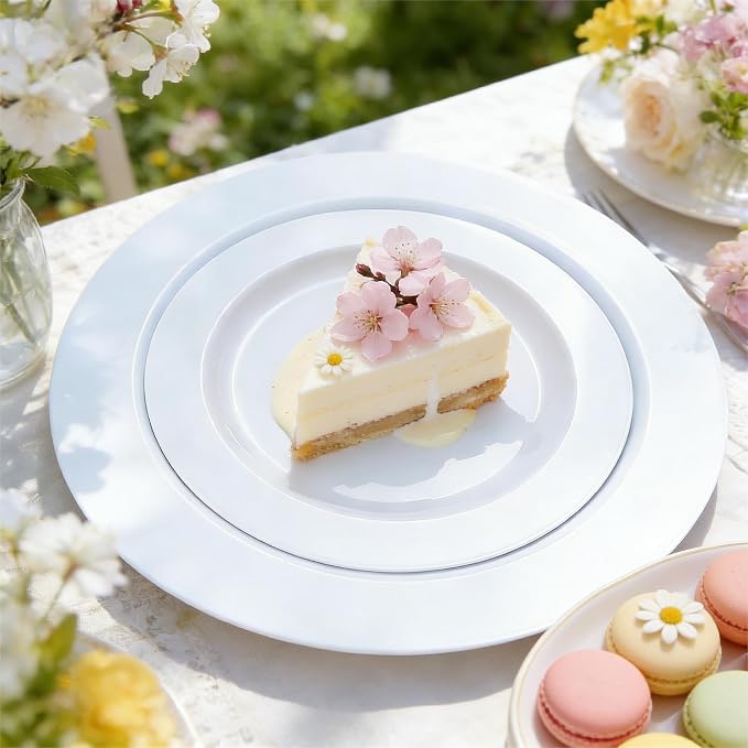 FLOWERCAT 60PCS White Plastic Plates - Heavy Duty White Disposable Plates for 4th of July/Birthday Party/Wedding -serve for 30 guests Include 30PCS 10.25" & 30PCS 7.5" Plates for Summer Party