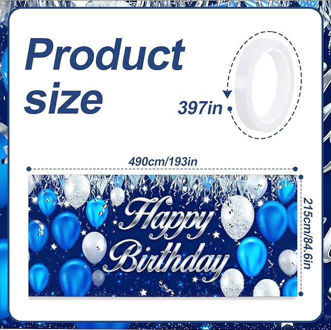 Happy Birthday Garage Door Banner Backdrop 7x16ft Waterproof - Blue&Silver Balloon Banner for Adult Party Decor,Men Women Outdoor Indoor Photo Background