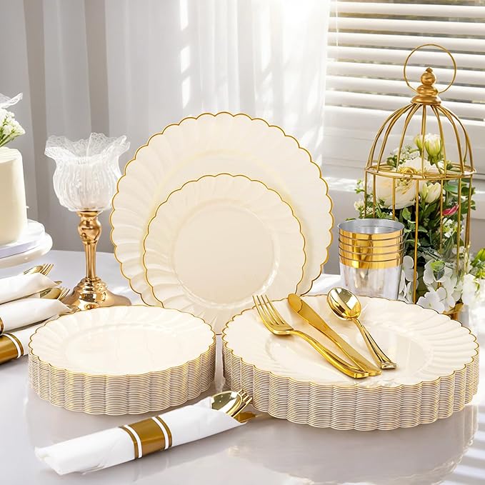 YOUBET 350PCS Ivory Scalloped Plastic Plates - Ivory and Gold Disposable Dinnerware Set Include 100 Plates, 150 Gold Silverware, 50 Cups, 50 Napkins for Wedding & Party